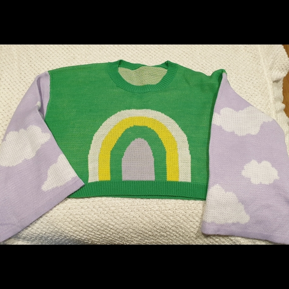 Shein Curve Women's Pastel Rainbow Cloud Rainbow Crop Knit Wide Sleeve Green 2XL - Picture 4 of 6